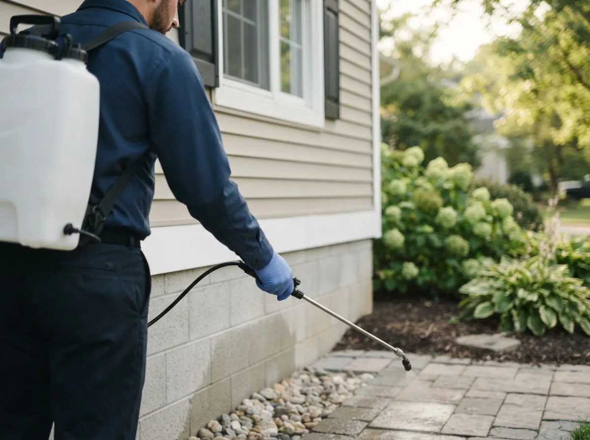 Pest control technician inspecting a home in Kenefic, OK